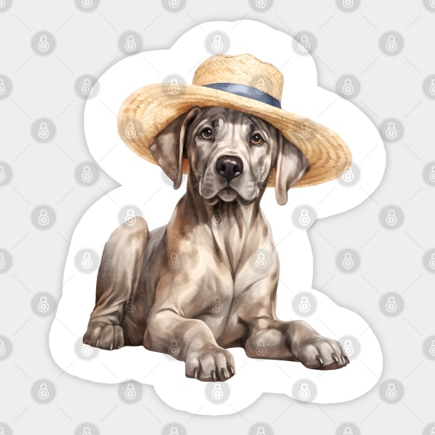 Watercolor Great Dane Dog in Straw Hat Sticker by Chromatic Fusion Studio